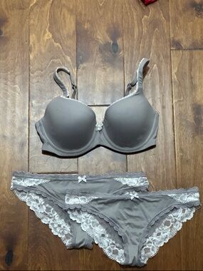Victoria's Secret Gray Lace-Trim Bra with Matching Gray Bikini Panties